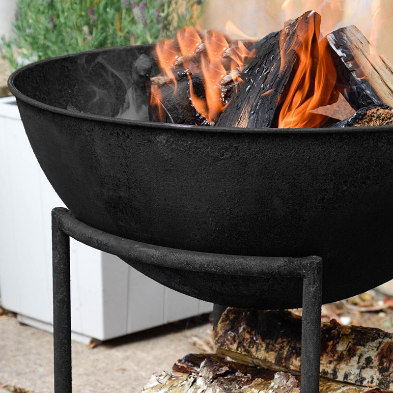 Outdoor cast iron firebowl on stand, W57cm, Black-3