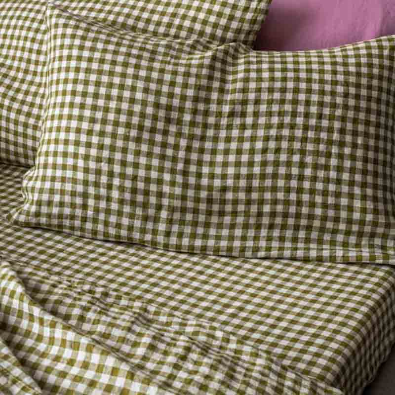 Gingham Double Fitted Sheet, Botanical Green-1