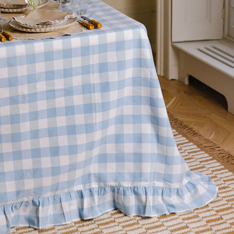 Gingham Tablecloth, 150 x 300cm, Light Blue & White-1