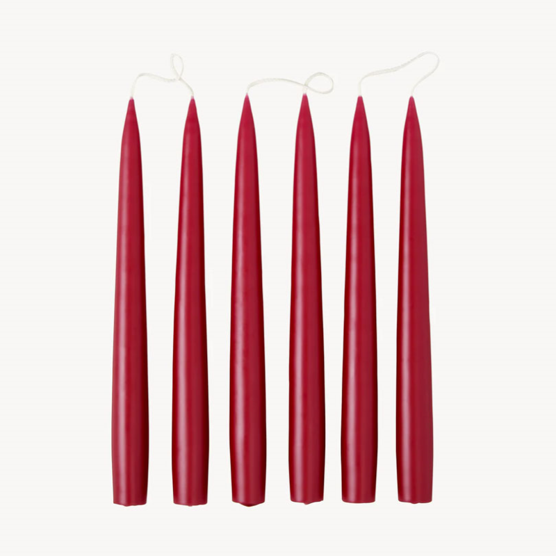 Set of 6 Tapered Dinner Candles, H25cm, Burgundy Red-0