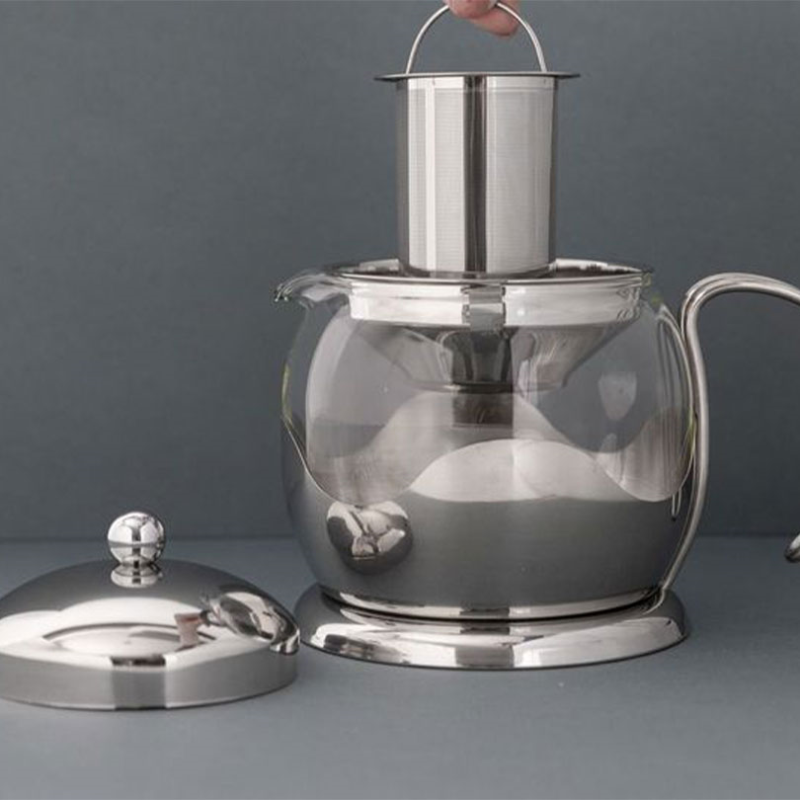 Izmir La Cafetière Izmir Polished Steel Glass Infuser Teapots, Four Cup, 4 Cup, Polished Stainless Steel-3