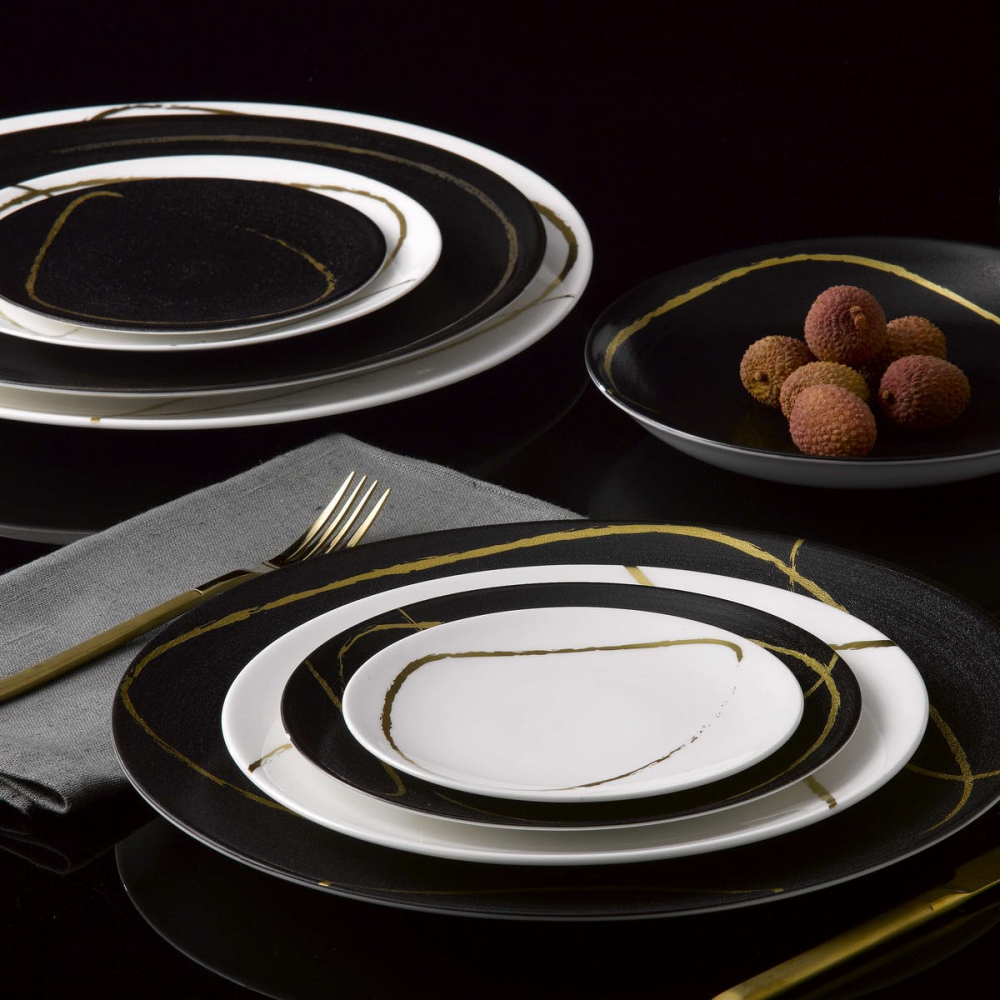 Sketch - Charcoal Coupe plate, 34cm, Black/Gold-1