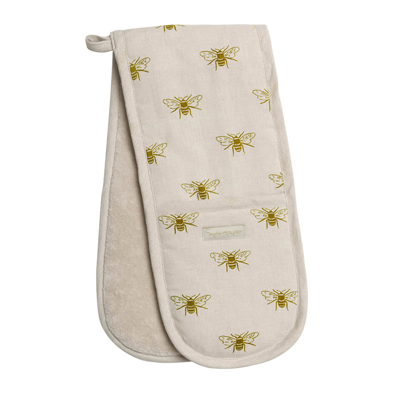 Bees Linen Double Oven Glove, Natural, Yellow-0