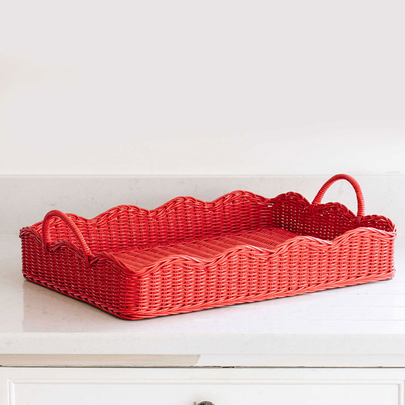 Rattan Scalloped Tray, Red-2