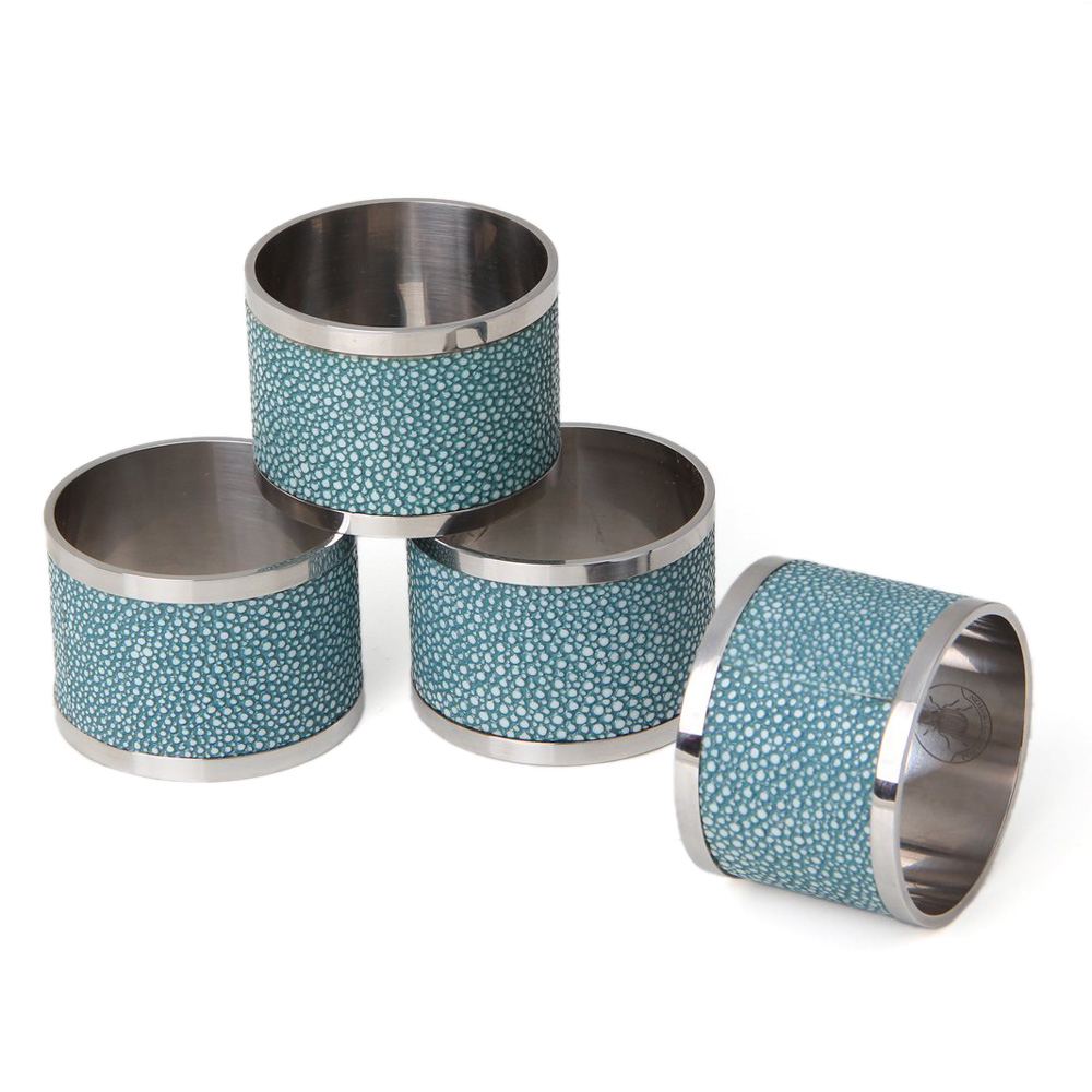 Napkin Rings, Teal Shagreen, Set of 4-0