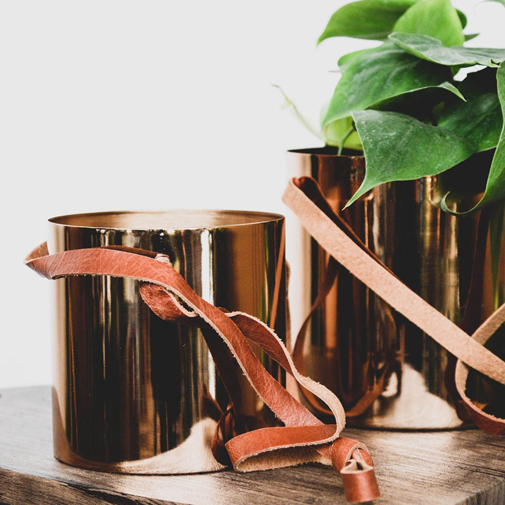 Copper Hanging planter with leather straps, Dia 13cm, Copper-1