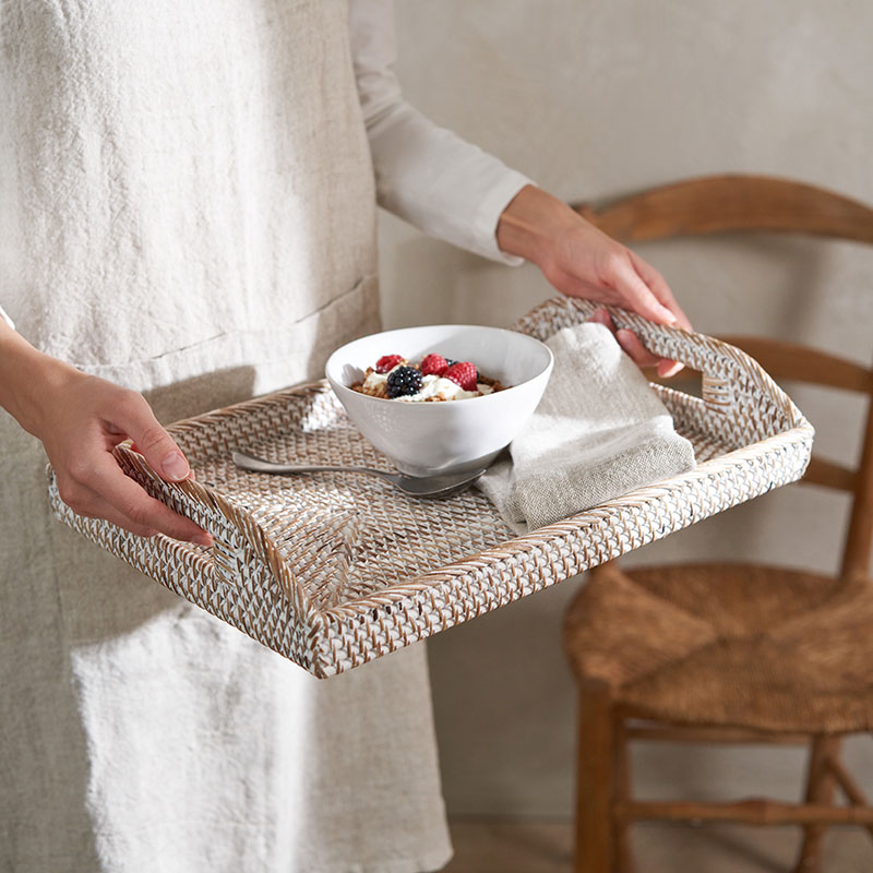 Rattan Serving Tray, White-0