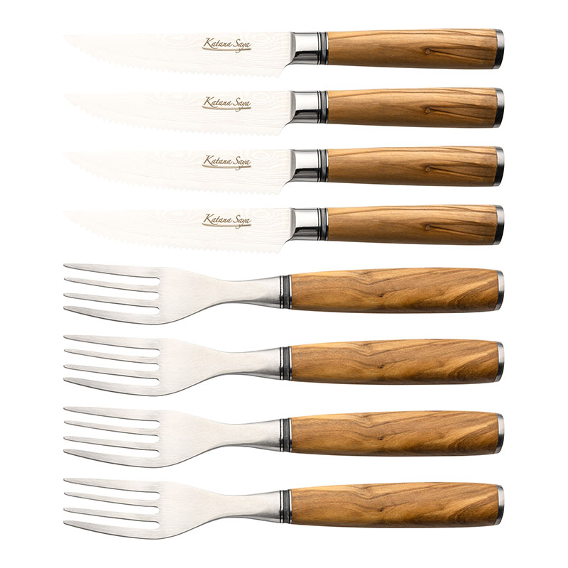 Katana Saya Olive Wood 8 Pce Steak Knife & Fork Set-0