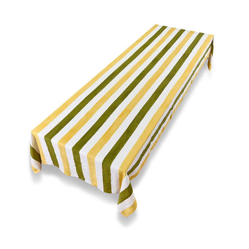 Multi Stripe Linen Tablecloth, 250cm x 165cm, Avocado Green/Lemon Yellow-2