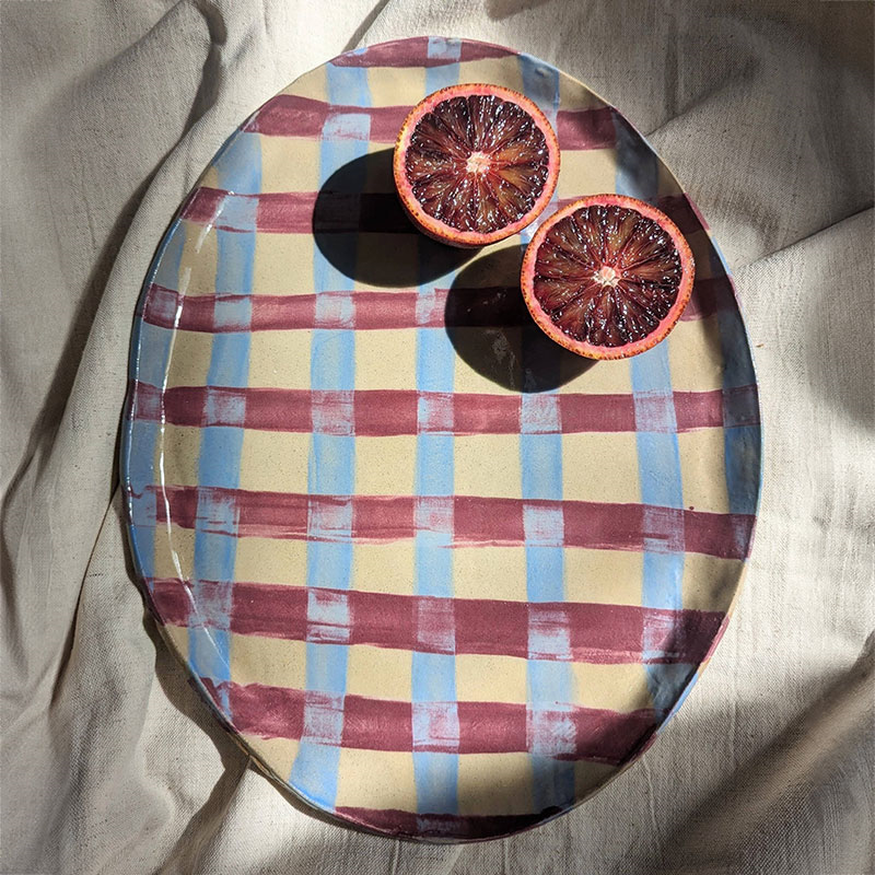 Rosie Gore Gingham Oval Platter, 26cm x 32cm, Baby Blue & Burgundy-0