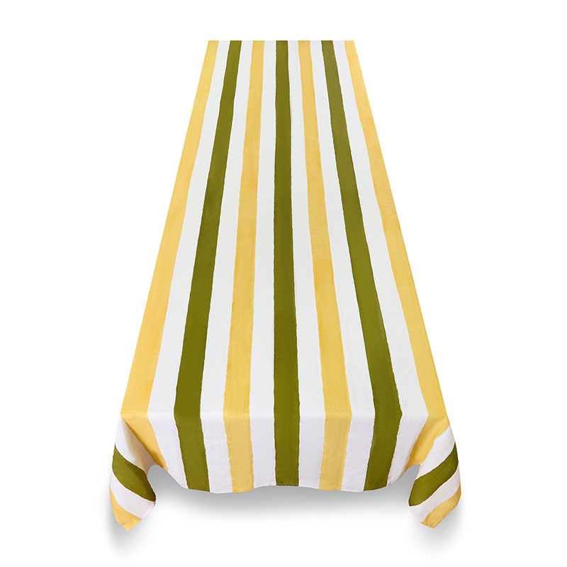 Multi Stripe Linen Tablecloth, 250cm x 165cm, Avocado Green/Lemon Yellow-1