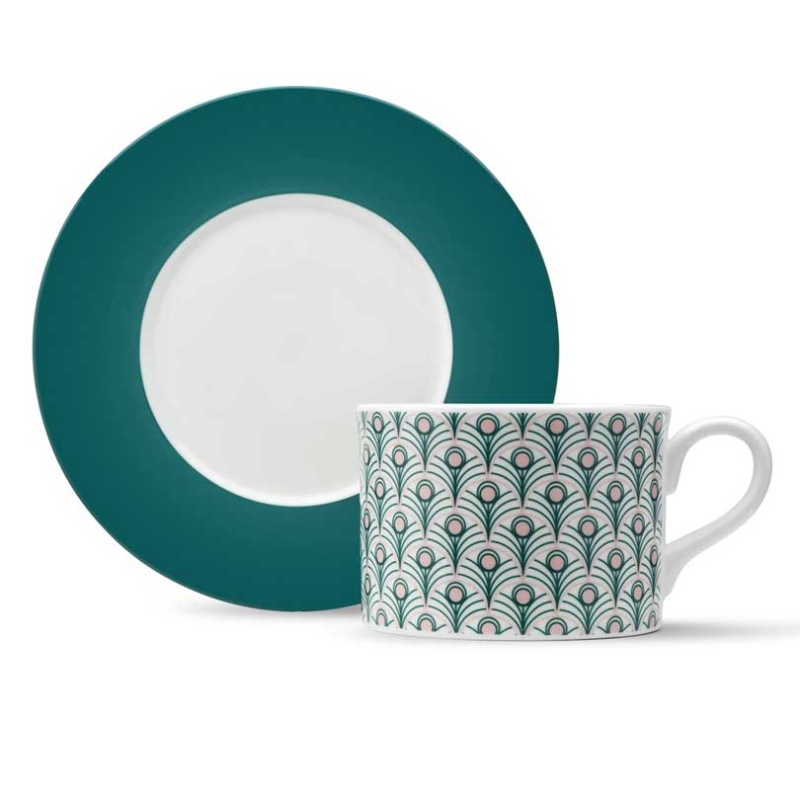 Peacock Cup and Saucer, 250ml, Teal & Blush Pink-0