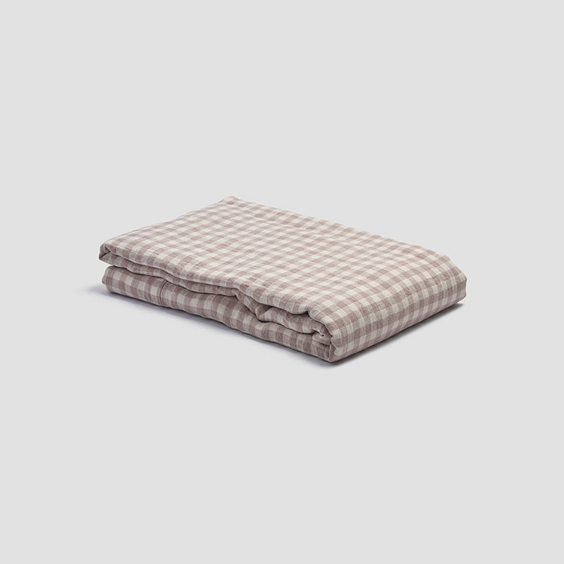 Gingham Linen Flat Sheet, Double, Mushroom-1