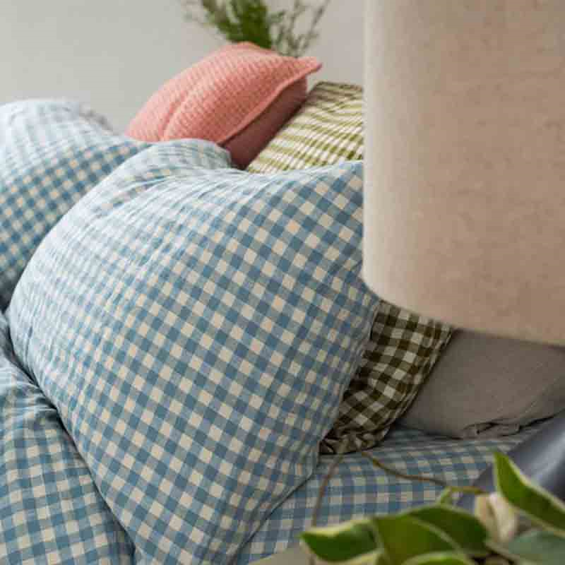 Gingham Pair of Standard Linen Pillowcases, Warm Blue-3