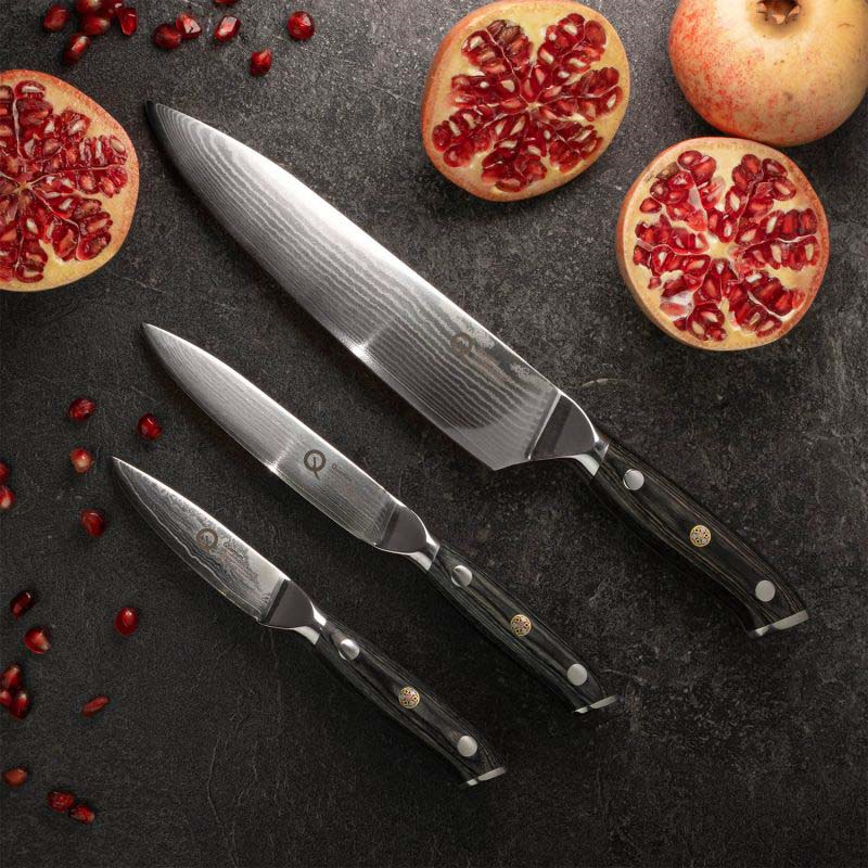 Q30 Series 3 Piece Damascus Steel Paring, All Purpose & 20cm Chef's Knife Set, Black-0