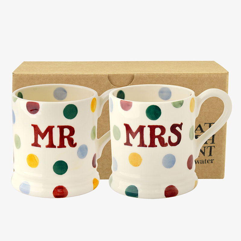 Polka Dot Set of 2 Mr & Mrs Mugs, 300ml, Cream-1