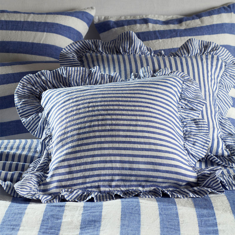 Cora Stripe Linen Frill Edge Cushion Cover, 50 x 50cm, Cobalt-0