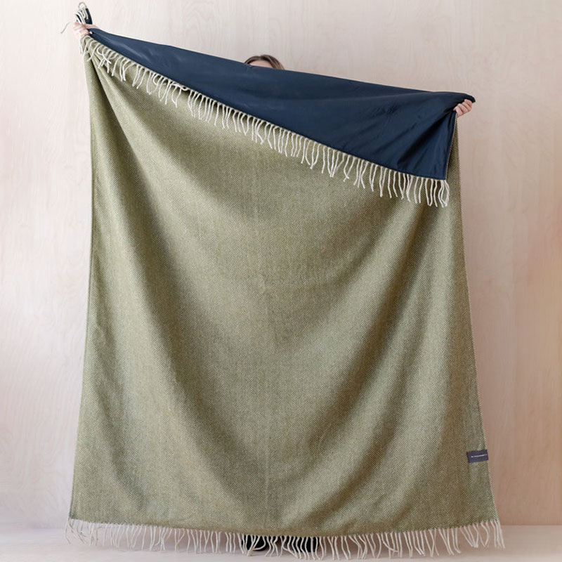 Recycled Wool Picnic Blanket with Brown Leather Carrier, 145 x 190cm, Olive Herringbone-2