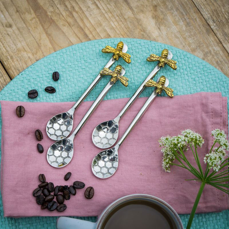 Bee Honeycomb Set of 4 Coffee Spoons, L13cm, Silver-3