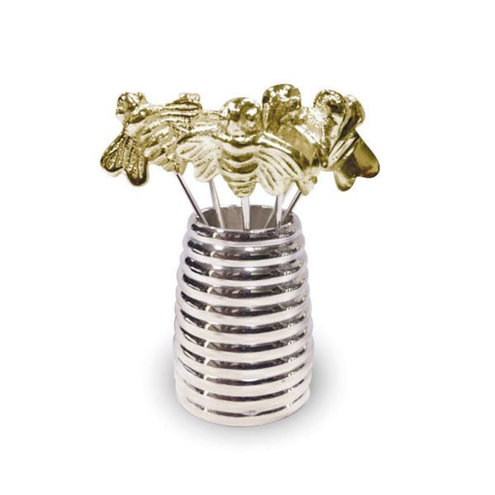 Bee Set of 6 large olive picks and holder, H5cm, Silver-0