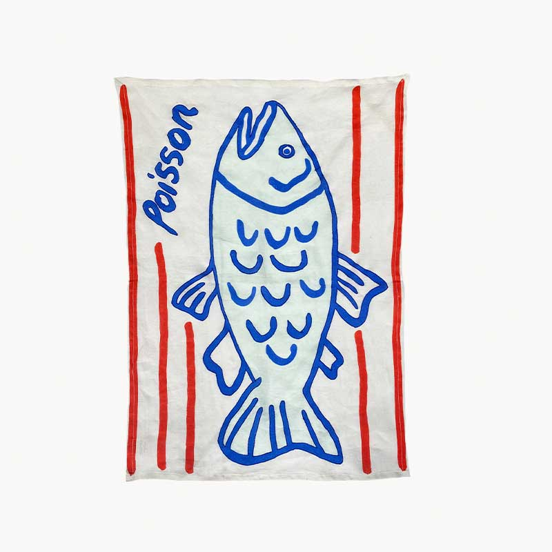 Poisson Embroidered Tea Towel, 50 x 70cm, Blue/White-1