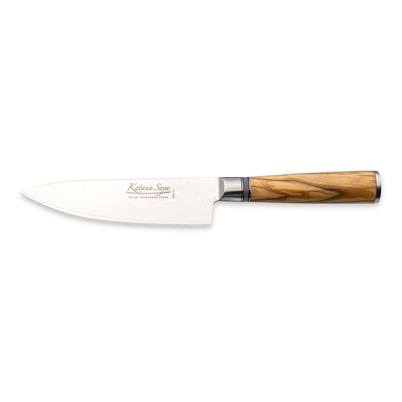 Katana Saya Olive Wood Cook's Knife, 15cm Damascus Blade-0