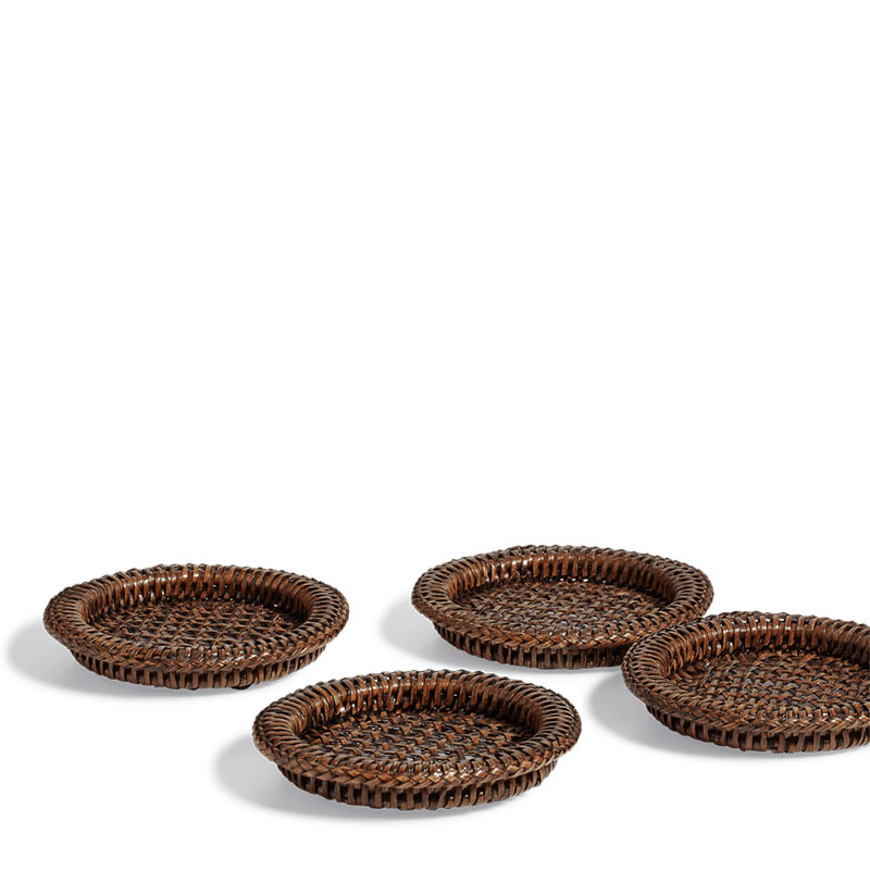 Rattan Set of 4 Coasters, H2cm x Diameter 13cm, Antique Brown-3