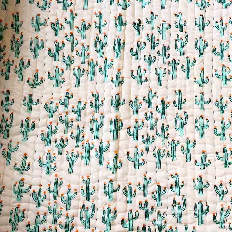 Cacti Blockprint Reversible Padded Quilt, 110 x 152cm, White/Jade Green-3