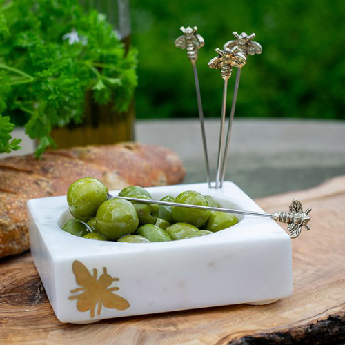 Bee Set of 4 Olive Picks and Holder, L12.5x W12.5 x H13cm, White-0