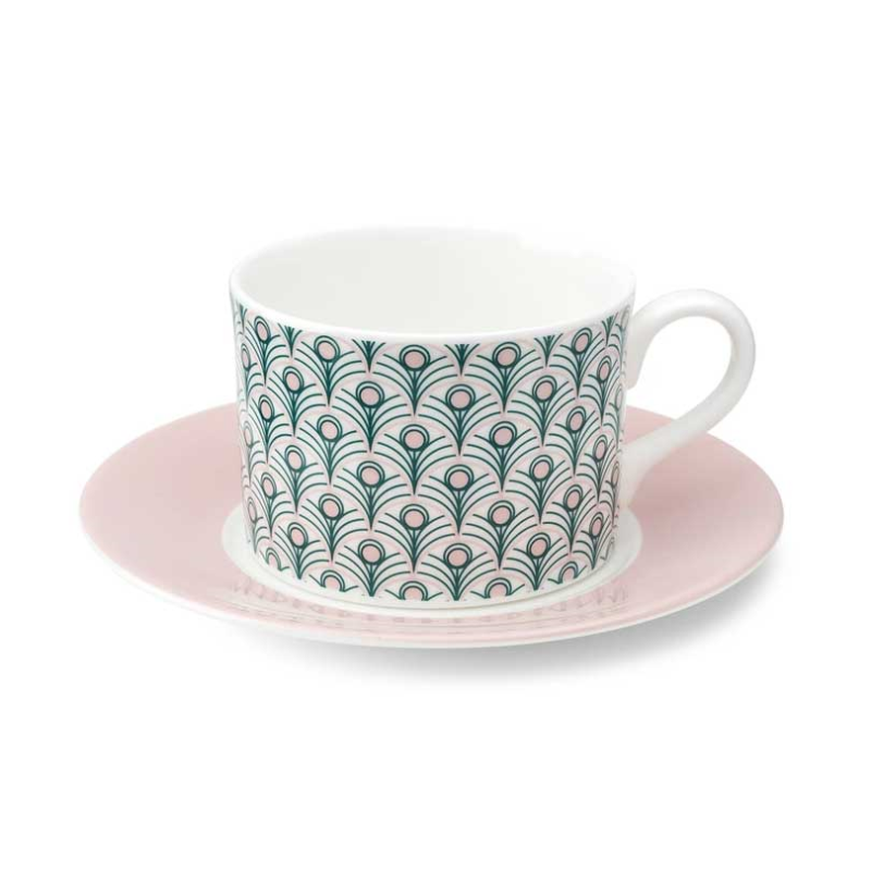 Peacock Cup and Saucer, 250ml, Teal & Blush Pink-1