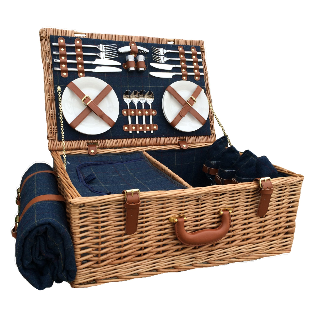 Blue Tweed Picnic hamper - 4 person, 58 x 38 x 22cm, Light Willow-1