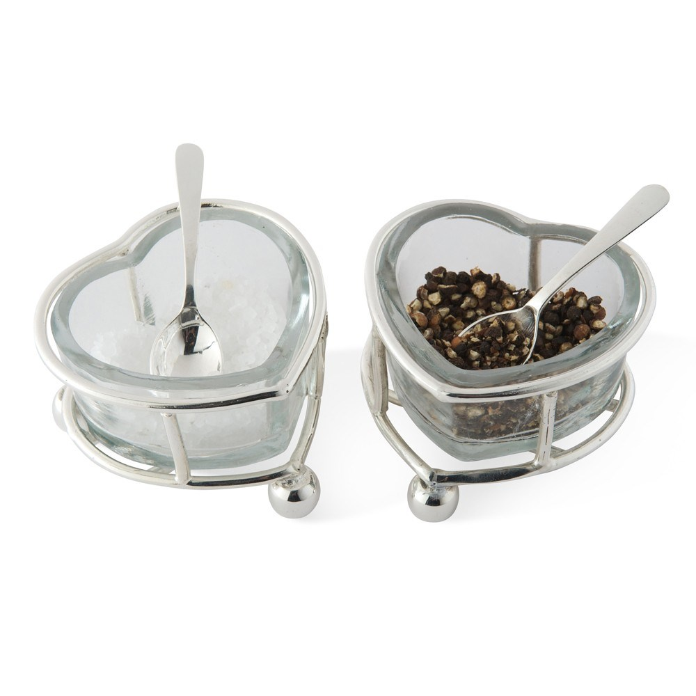 Heart Salt and pepper set with spoons, 4.5 x 7 x 6cm, Stainless Steel Nickle Plate And Glass-0