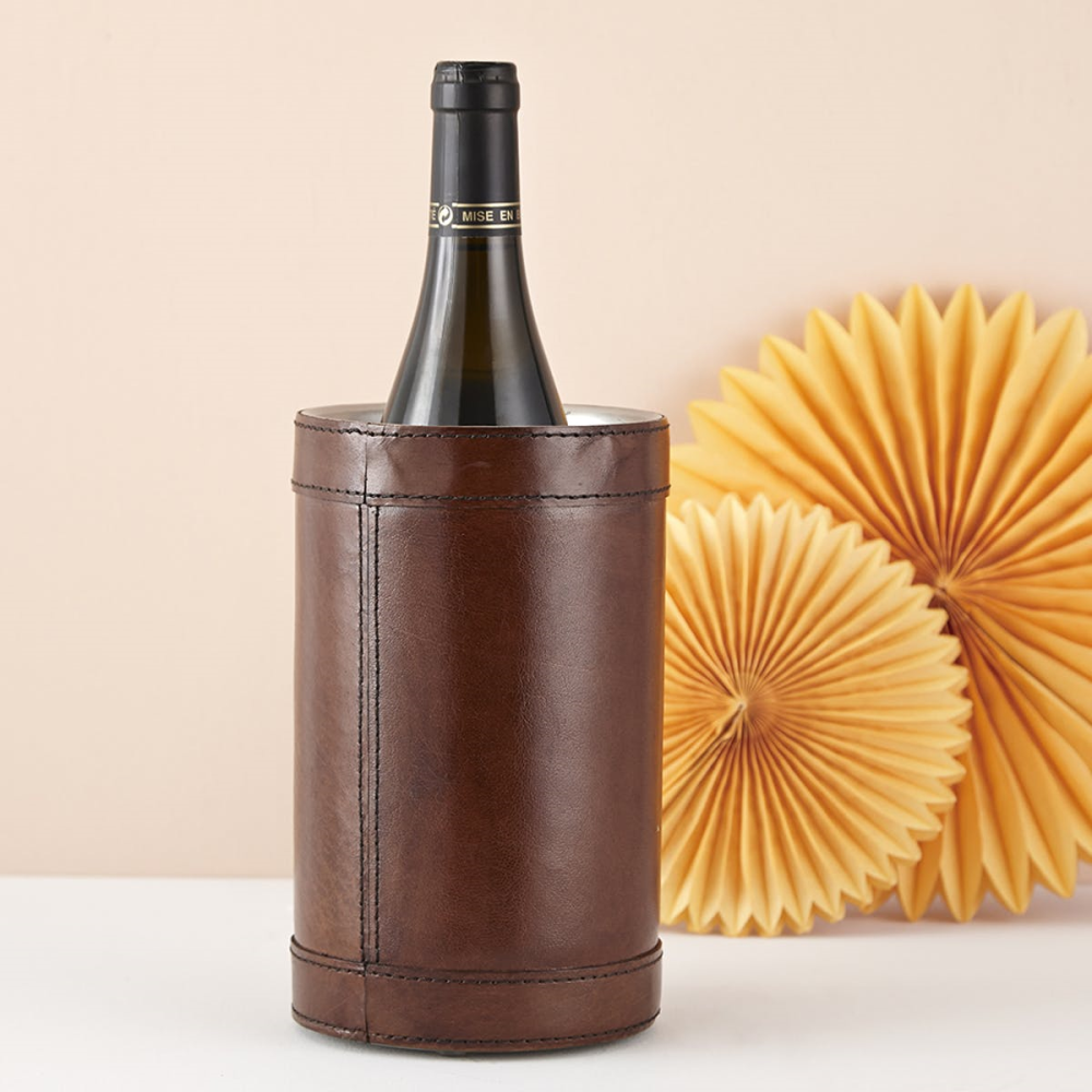 Single wine cooler, H21 x D13.5cm, Tan Leather-3