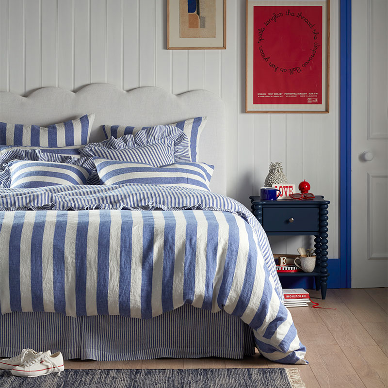 Cora Stripe Linen Duvet Cover, Super King, Cobalt-0