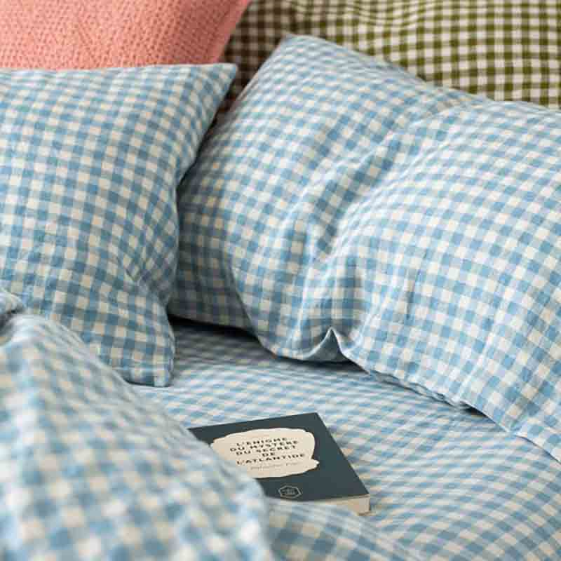 Gingham Pair of Super King Linen Pillowcases, Warm Blue-1