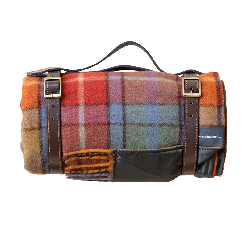 Recycled Wool Picnic Blanket with Brown Leather Carrier, 140 x 190cm, Buchanan Antique Tartan-1