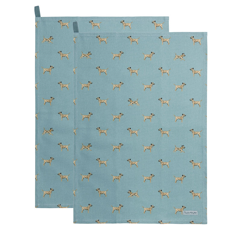 Border Terrier Set of 2 Tea Towels, Teal, Taupe, Brown-0