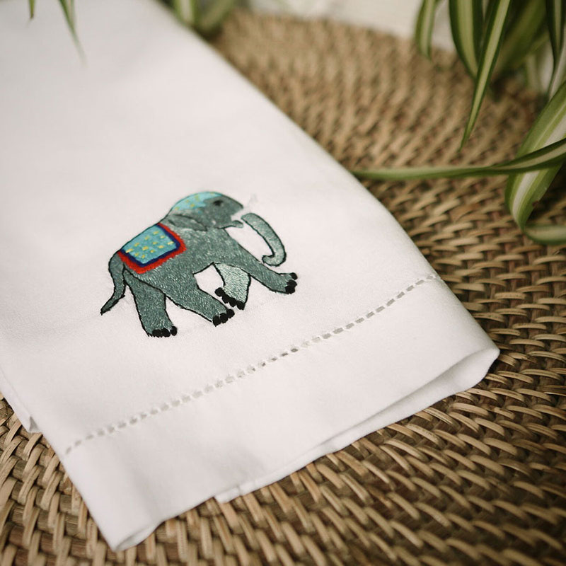 Elephant Hand Towel, 38 x 58cm, White/Green/Blue-1