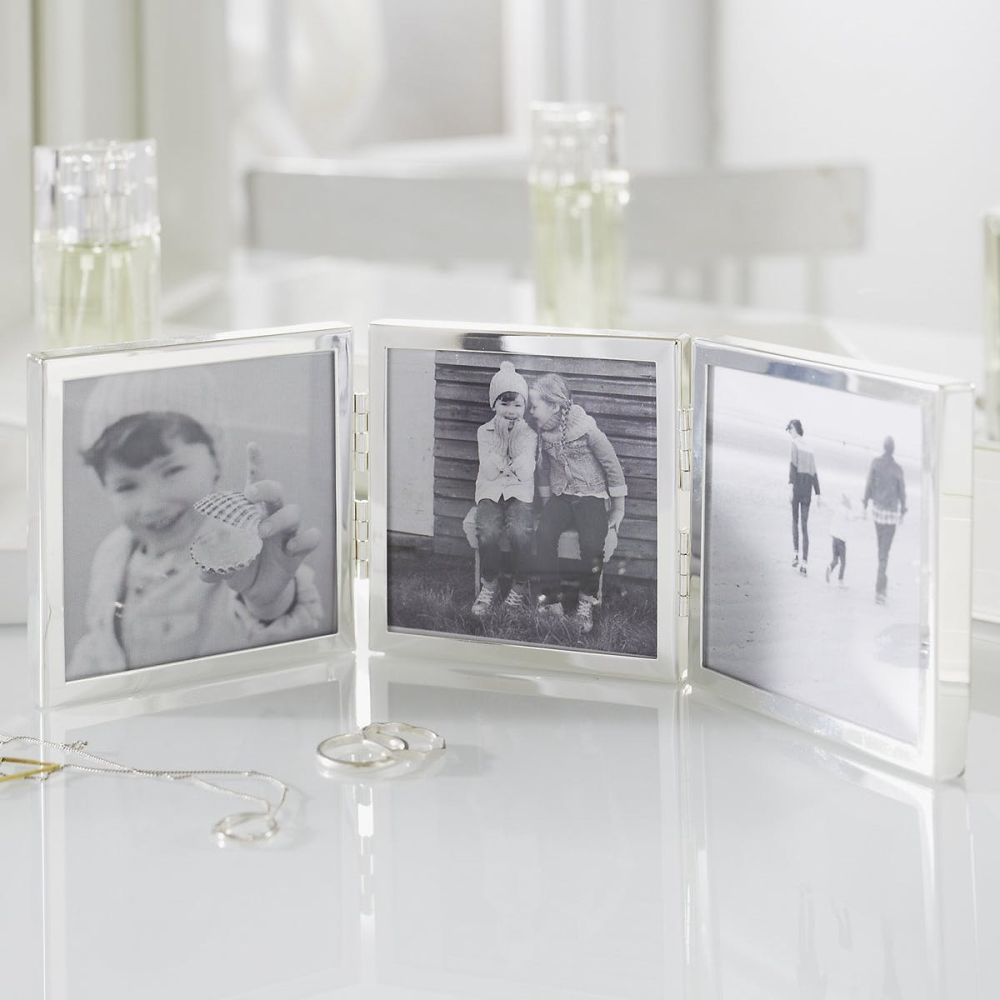 Triple Aperture Hinged photograph frame, 3 x 3", fine silver-0