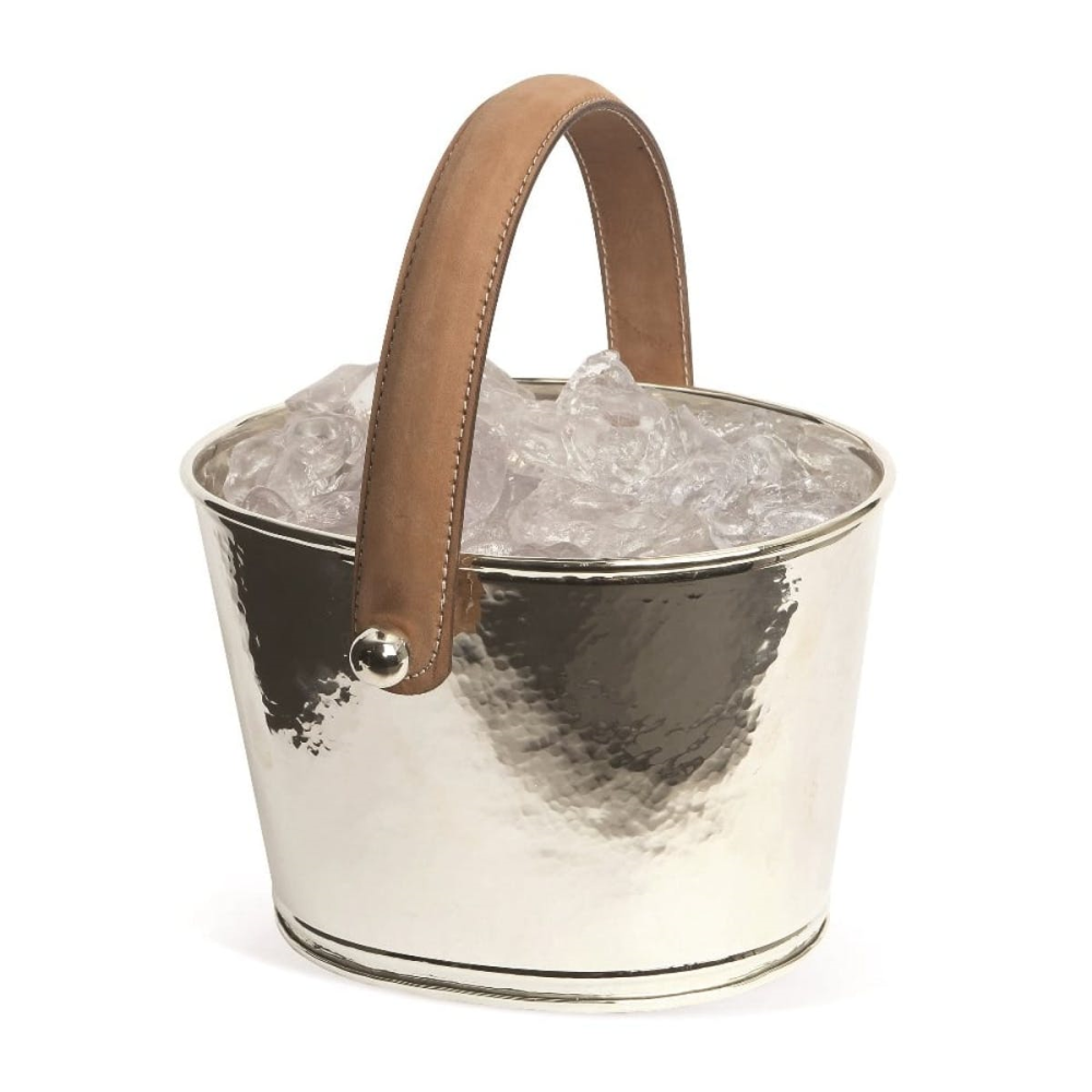 Leather Handled Ice bucket, H15 x D23cm, Hammered Silver Plate-0