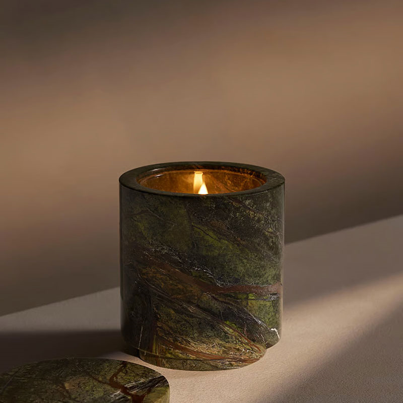 Leather & Oud Marble Candle, 250g, Forest Green-1