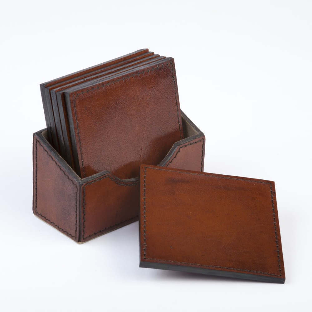 Leather Set of 6 Square Coasters, Conker Brown-1