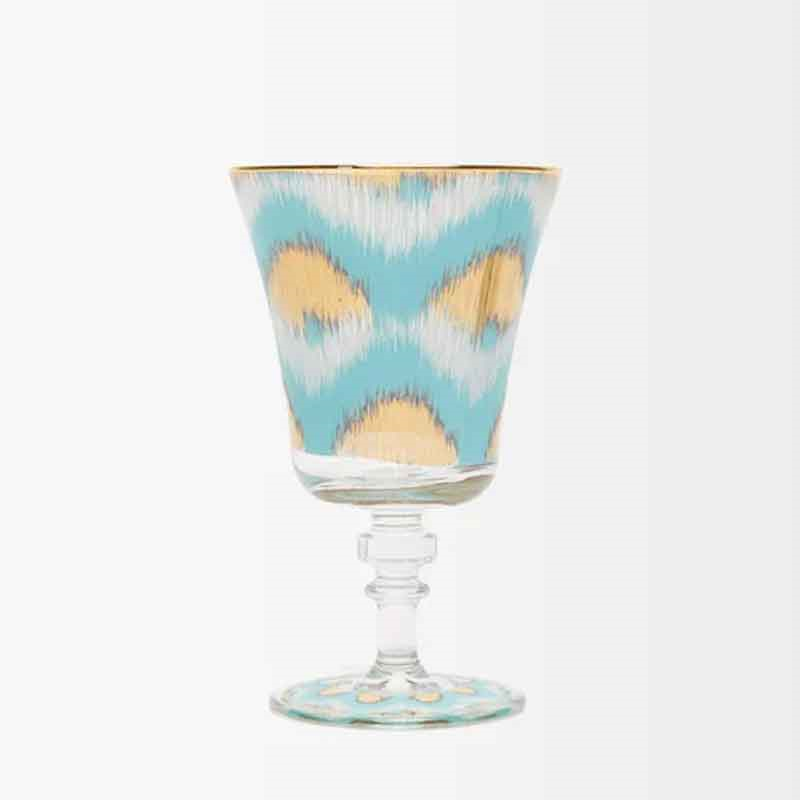 Ikat Wine Glass, 15H x 9cm, Blue/Gold-0