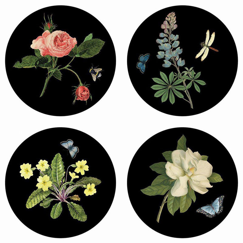 Botanical Set of 4 Coasters, D10cm, Black-0