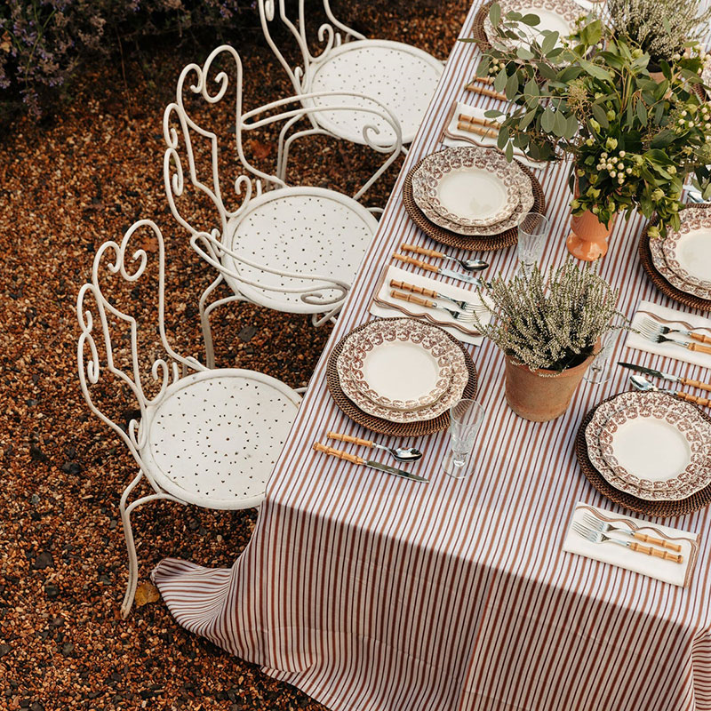 Victoria Striped Linen Tablecloth, 160 x 260cm, Dusty Rosewood-5