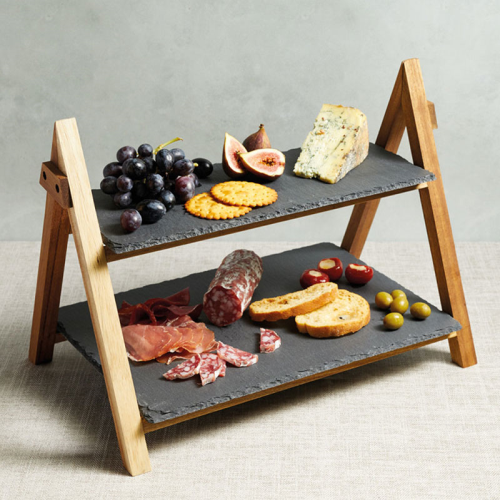 Slate and Wood 2 tier serving stand, H30 x W25.5cm, Black-2