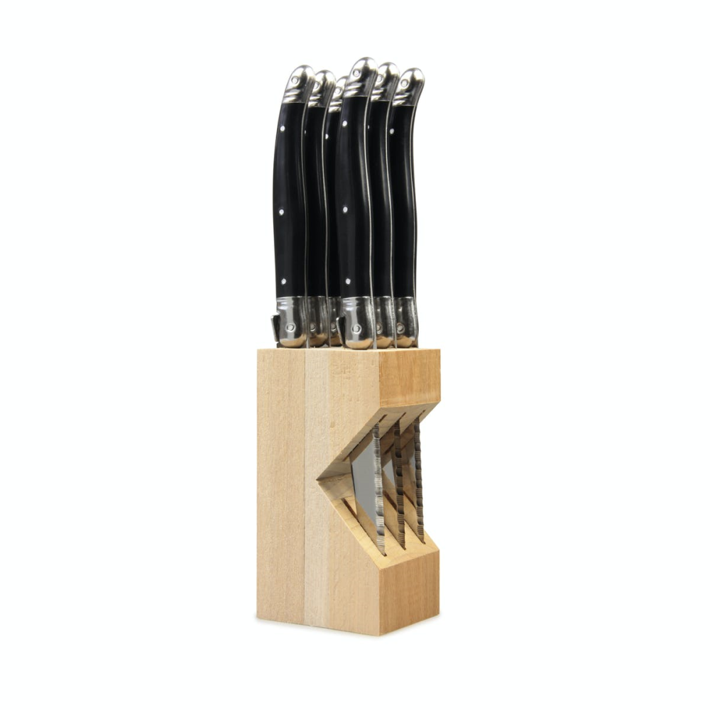 Steak Knives In Wooden Block, Black, 6 Piece-0