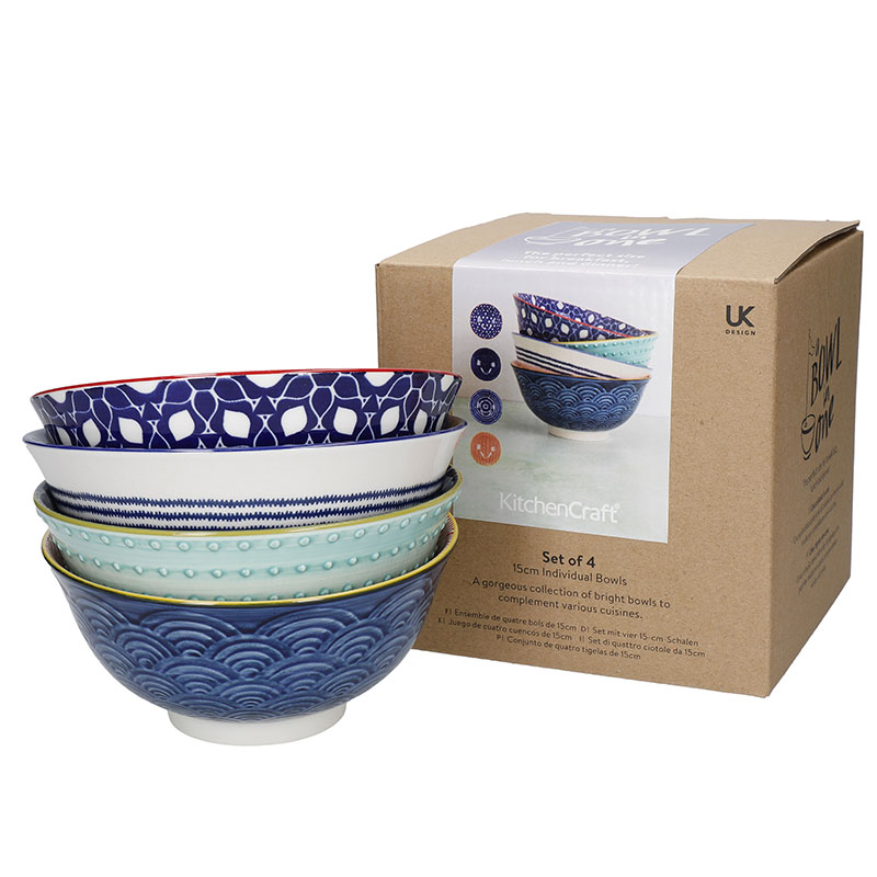 Hues Set of 4 Bowls, D15.5cm, Red/Blue-1