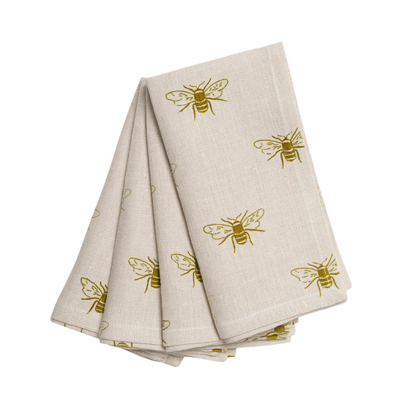 Bees Set of 4 Linen Napkins, Natural, Yellow-0