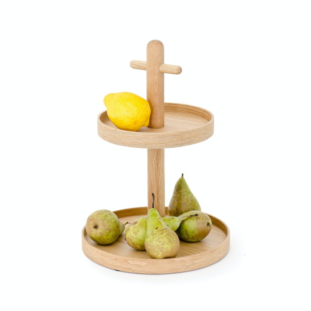 Cookhouse Two tier fruit stand, H35.4 x Dia25.4cm, Natural Oak-3